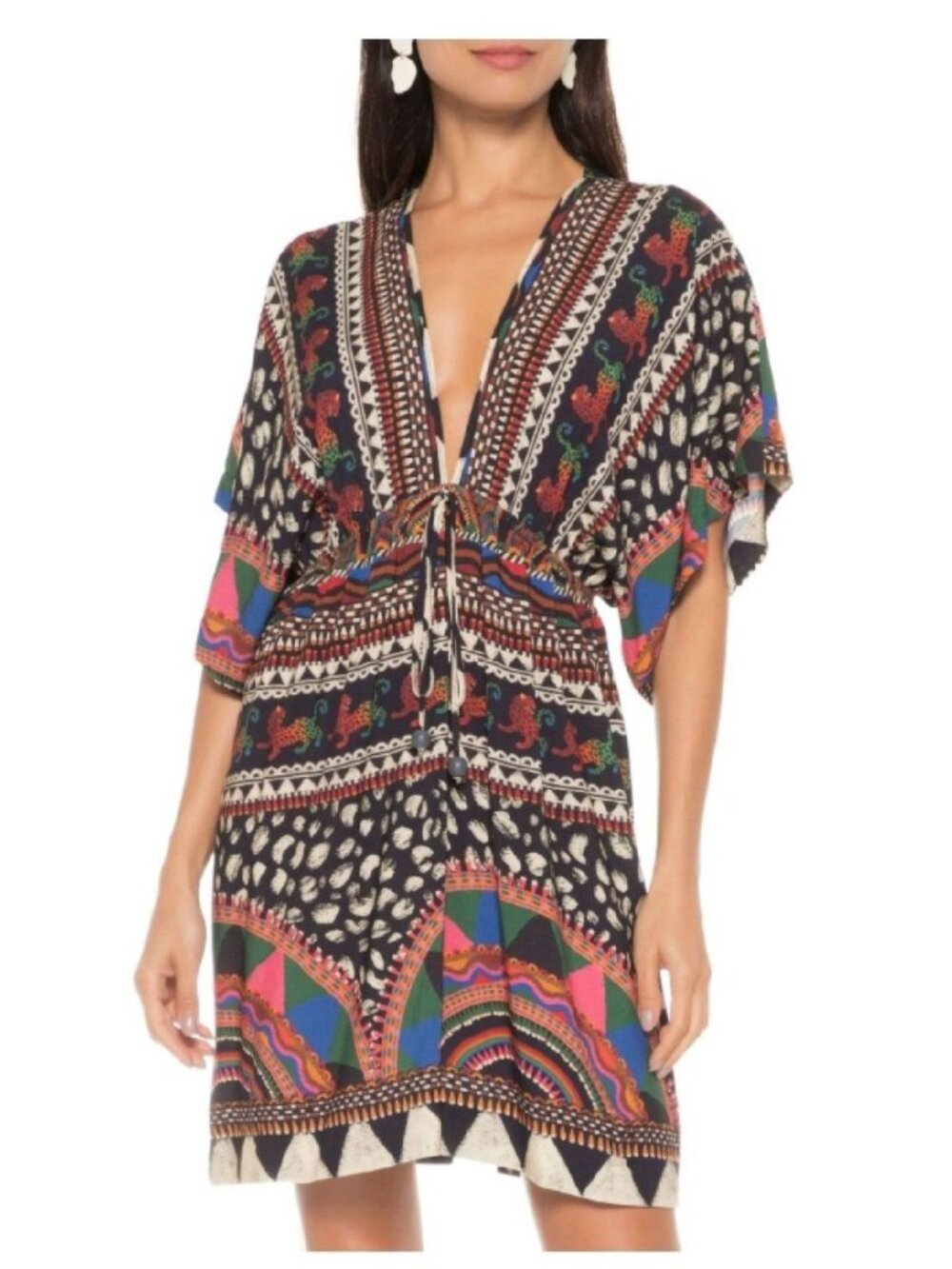 Farm Rio Jaguar Prtint Kaftan Mini Dress Multicolor Colorful Tribal Small